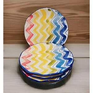 Anthropologie Dessert Plates Set Of 4 Ceramic Ruffle Edge ZigZag Chevron Pottery